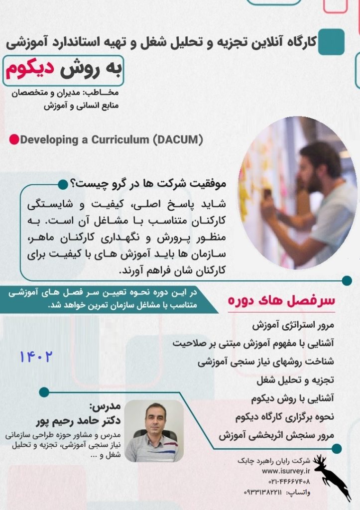 دوره ی آموزش کارگاهی تجزیه و تحلیل شغل تهیه استاندارد آموزشی مشاغل روش دیکوم 1402